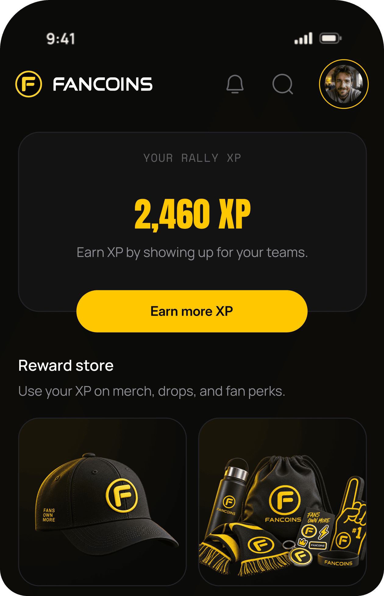 FanCoins Rally XP and reward store mobile screen