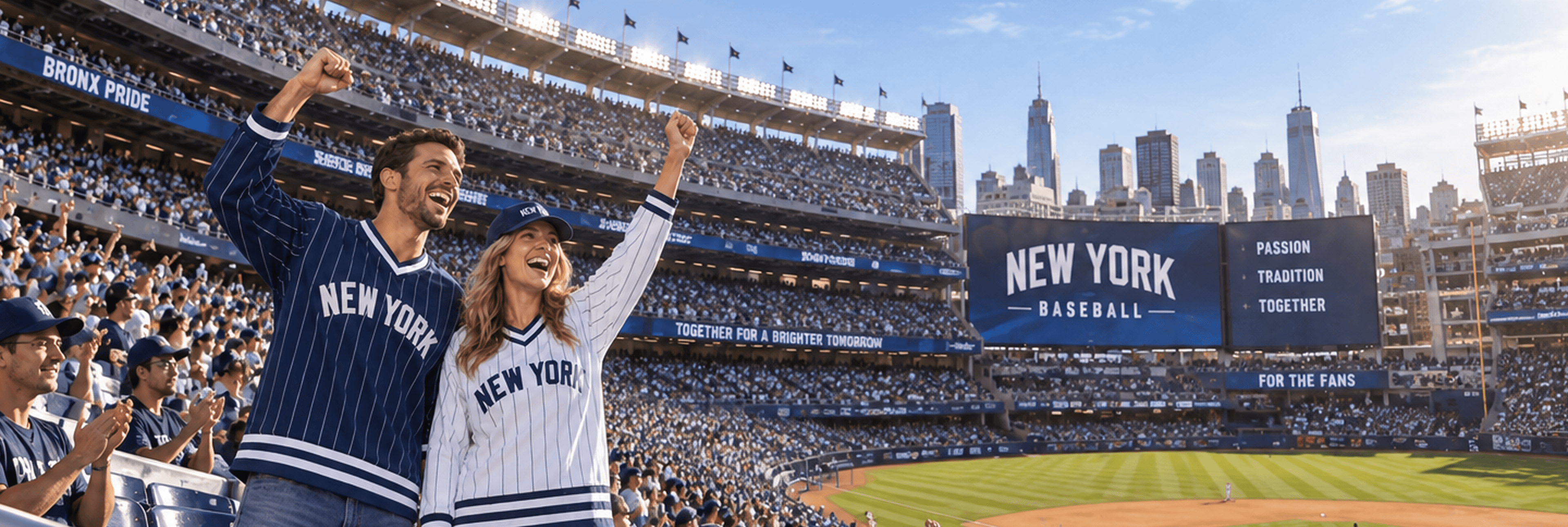 Baseball fans celebrating in a packed New York stadium