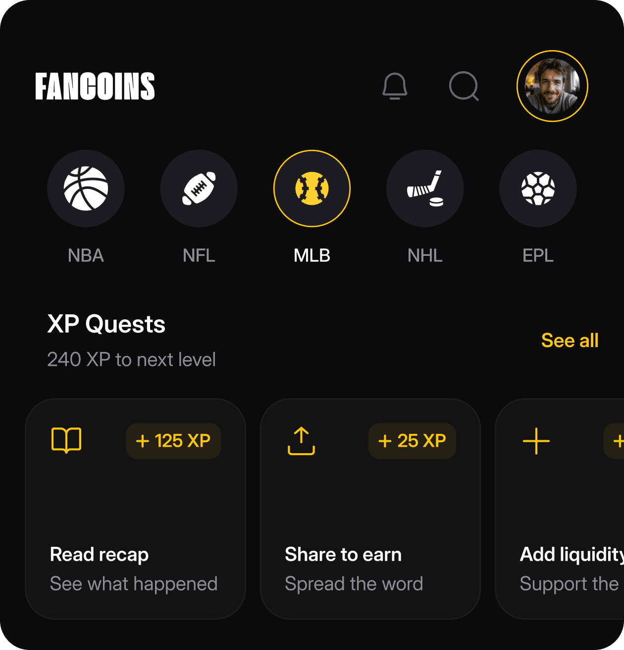 FanCoin XP quests screen